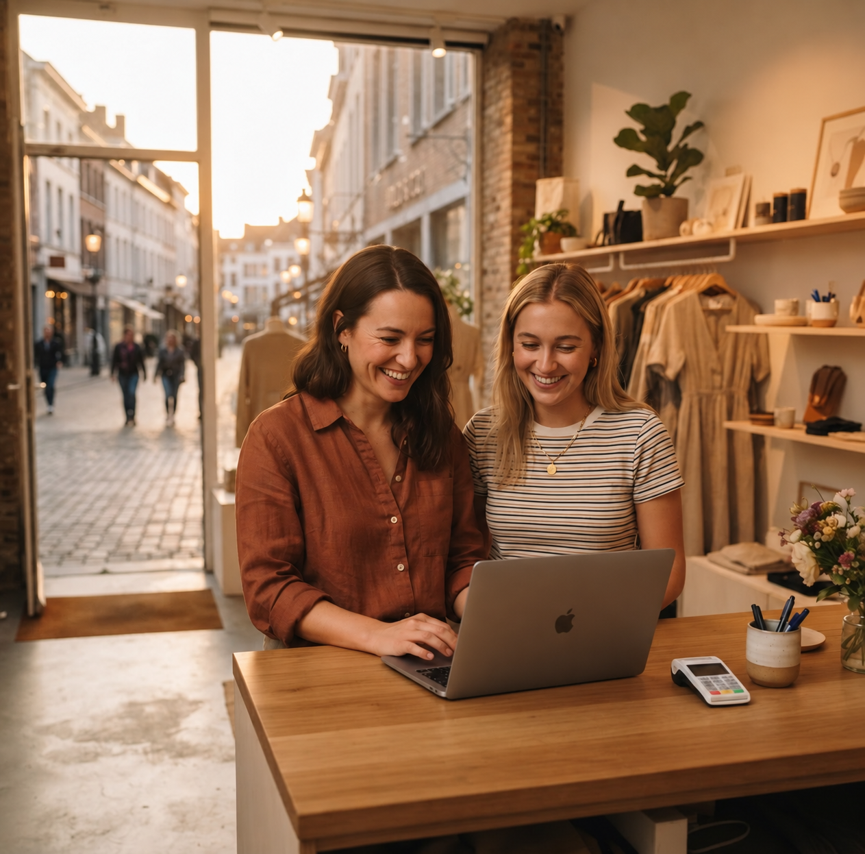 A boutique shop team reviewing their business growth together on a laptop
