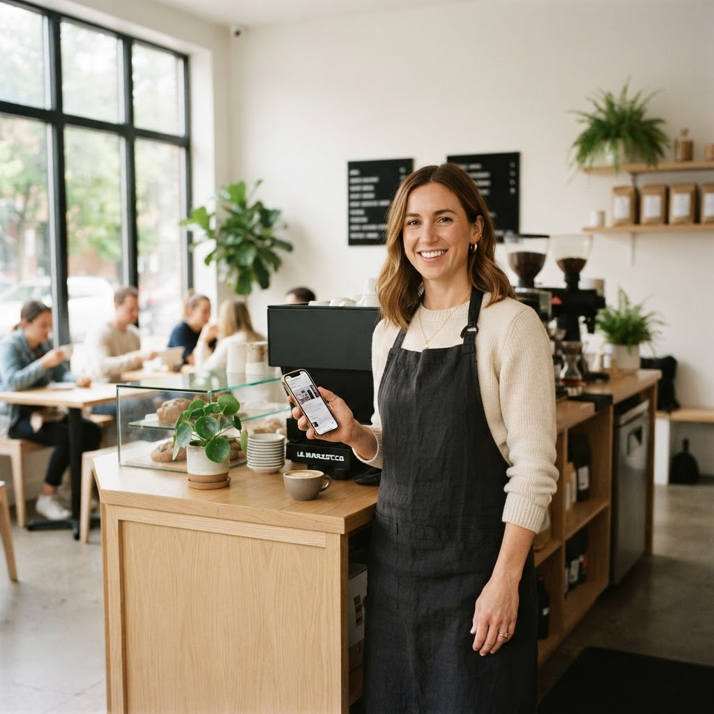 A local coffee shop owner checking her business growth on her phone