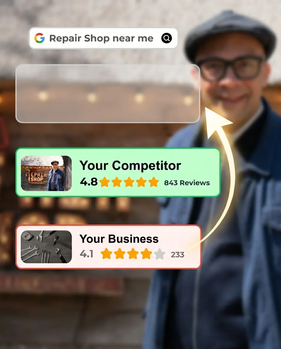 A local repair-shop owner beside a search comparison: a competitor with far more reviews ranking above his own business.