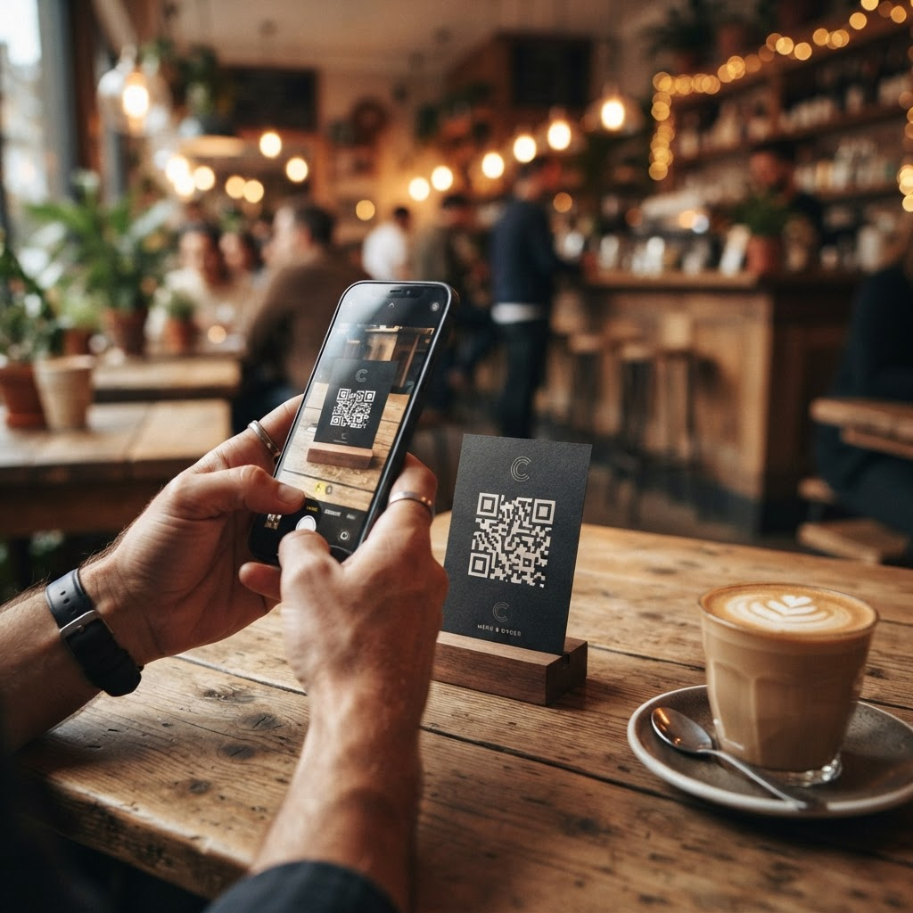 A customer scanning a QR code card with their phone at a cafe table